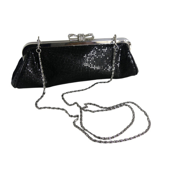 Kate Landry Rhinestone Bow Clasp Clutch Purse Black Mesh Silver Tone Link Strap - Picture 1 of 9